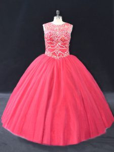 Coral Red Long Sleeves Tulle Lace Up Quinceanera Gown for Sweet 16 and Quinceanera