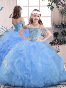 Fancy Sleeveless Tulle Floor Length Lace Up Little Girls Pageant Gowns in Blue with Beading