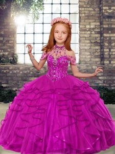 Fuchsia Lace Up Girls Pageant Dresses Beading and Ruffles Sleeveless Floor Length