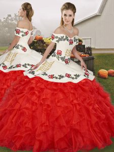 Hot Selling Floor Length Lace Up Ball Gown Prom Dress White And Red for Military Ball and Sweet 16 and Quinceanera with Embroidery and Ruffles