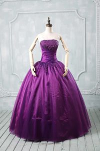 Pretty Sleeveless Floor Length Beading Lace Up Quinceanera Gowns with Purple