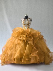 Affordable Floor Length Gold Sweet 16 Quinceanera Dress Organza Sleeveless Beading and Ruffles