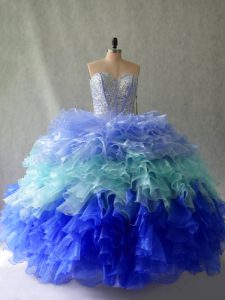 Sleeveless Organza Floor Length Lace Up Ball Gown Prom Dress in Multi-color with Beading and Ruffles
