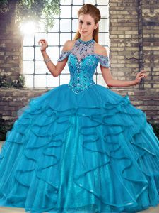 Tulle Halter Top Sleeveless Lace Up Beading and Ruffles Quinceanera Gown in Blue