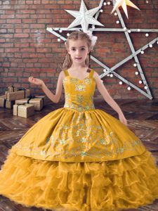 Fashionable Gold Satin and Organza Lace Up Straps Sleeveless Floor Length Little Girl Pageant Gowns Embroidery and Ruffled Layers