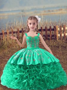 Custom Made Turquoise Straps Neckline Embroidery Little Girl Pageant Dress Sleeveless Lace Up