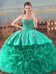 Custom Designed Lace Up Vestidos de Quinceanera Turquoise for Sweet 16 and Quinceanera with Embroidery and Ruffles Brush Train