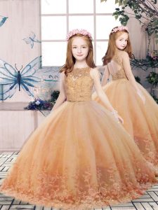 Sleeveless Backless Floor Length Lace and Appliques Little Girl Pageant Gowns