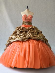 Best Selling Beading and Pick Ups Sweet 16 Quinceanera Dress Orange Lace Up Sleeveless Brush Train