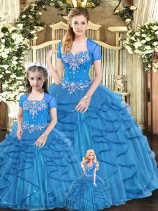 Latest Sweetheart Sleeveless Tulle Quinceanera Gown Beading and Ruffles Lace Up
