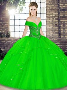 Noble Sleeveless Tulle Floor Length Lace Up Vestidos de Quinceanera in Green with Beading and Ruffles