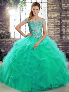 Brush Train Ball Gowns Quinceanera Dresses Turquoise Off The Shoulder Tulle Sleeveless Lace Up