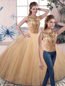 Wonderful Gold 15 Quinceanera Dress Military Ball and Sweet 16 and Quinceanera with Beading Scoop Sleeveless Lace Up