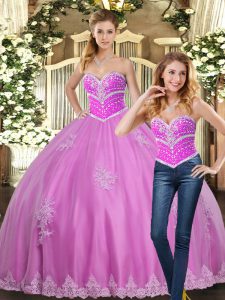 Glorious Sleeveless Tulle Floor Length Lace Up Sweet 16 Dresses in Lilac with Beading and Appliques