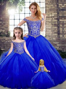 Sleeveless Tulle Floor Length Lace Up 15 Quinceanera Dress in Royal Blue with Beading and Ruffles