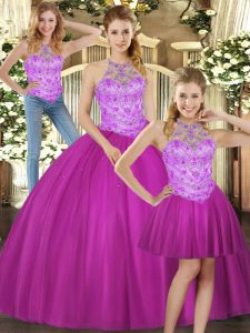 Comfortable Ball Gowns Quinceanera Gown Fuchsia Halter Top Tulle Sleeveless Floor Length Lace Up