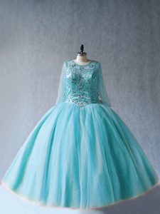Floor Length Aqua Blue Quinceanera Gowns Scoop Long Sleeves Lace Up