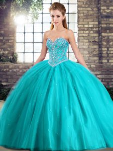 Wonderful Aqua Blue Tulle Lace Up Sweetheart Sleeveless Sweet 16 Dresses Brush Train Beading