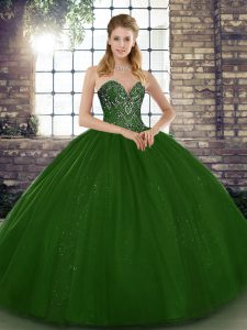 Green Tulle Lace Up Sweetheart Sleeveless Floor Length Vestidos de Quinceanera Beading