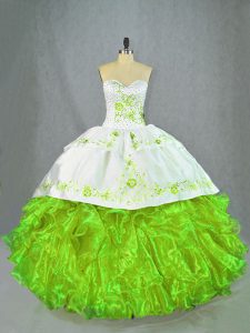 Chic Sweetheart Sleeveless Ball Gown Prom Dress Brush Train Beading and Embroidery Green Satin and Organza