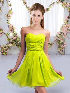 Suitable Yellow Green Lace Up Damas Dress Ruching Sleeveless Mini Length