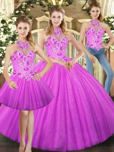 Lilac Lace Up Sweet 16 Dresses Embroidery Sleeveless Floor Length