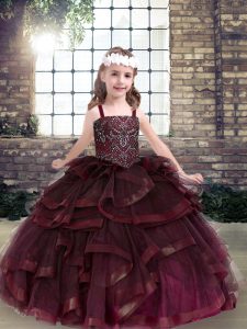 Great Burgundy Ball Gowns Beading and Ruffles Kids Formal Wear Lace Up Tulle Sleeveless Floor Length