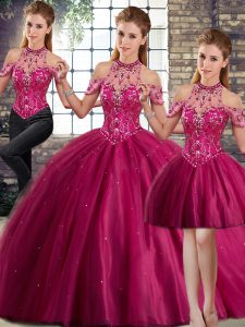 Spectacular Sleeveless Tulle Brush Train Lace Up Sweet 16 Dress in Fuchsia with Beading