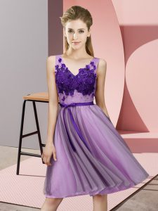 Trendy Knee Length Lace Up Quinceanera Court of Honor Dress Lavender for Wedding Party with Appliques