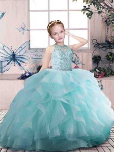 Low Price Aqua Blue Zipper Scoop Beading and Ruffles Little Girl Pageant Dress Organza Sleeveless