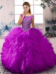Glamorous Purple Sleeveless Floor Length Beading and Ruffles Zipper Quinceanera Gowns