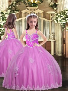 Adorable Lilac Lace Up Little Girls Pageant Gowns Appliques Sleeveless Floor Length