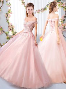 Exceptional Pink Off The Shoulder Lace Up Appliques and Belt Court Dresses for Sweet 16 Sleeveless