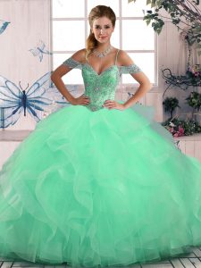 Pretty Off The Shoulder Sleeveless Tulle Sweet 16 Quinceanera Dress Beading and Ruffles Lace Up