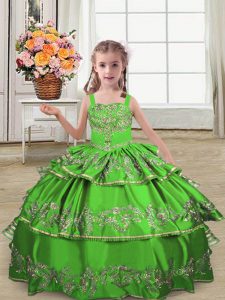 Green Ball Gowns Straps Sleeveless Satin Floor Length Lace Up Embroidery and Ruffled Layers Kids Pageant Dress