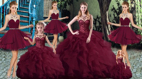 Brush Train Ball Gowns 15th Birthday Dress Burgundy Scoop Tulle Sleeveless Lace Up