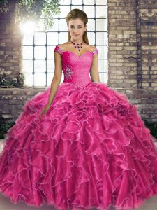 Fuchsia Lace Up Quinceanera Gowns Beading and Ruffles Sleeveless Brush Train