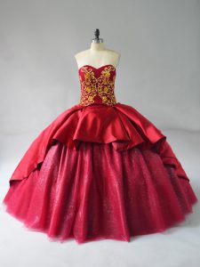 Charming Sleeveless Satin and Tulle Court Train Lace Up Vestidos de Quinceanera in Wine Red with Beading and Embroidery