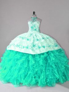 Turquoise Halter Top Lace Up Embroidery and Ruffles Sweet 16 Dress Court Train Sleeveless