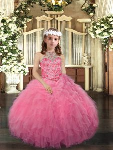 Floor Length Pink Kids Formal Wear Tulle Sleeveless Beading