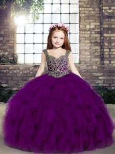 Dazzling Straps Sleeveless Little Girls Pageant Dress Wholesale Floor Length Beading and Ruffles Purple Tulle