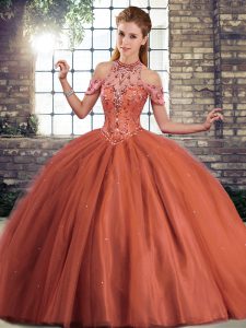 Beading Quinceanera Dresses Rust Red Lace Up Sleeveless Brush Train