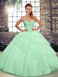 Chic Apple Green Sleeveless Tulle Brush Train Lace Up 15th Birthday Dress for Sweet 16 and Quinceanera
