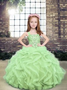 Cute Floor Length Lace Up Child Pageant Dress Yellow Green for Party and Sweet 16 and Wedding Party with Beading and Ruffles