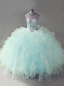 Vintage Light Blue Halter Top Lace Up Beading and Ruffles Quince Ball Gowns Sleeveless