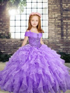 Best Sleeveless Organza Floor Length Lace Up Little Girls Pageant Gowns in Lavender with Beading and Ruffles