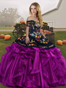 Low Price Sleeveless Lace Up Floor Length Embroidery and Ruffles Quinceanera Dresses