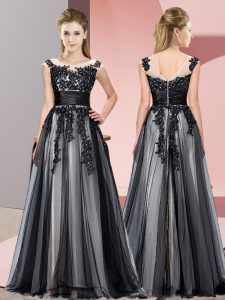 Trendy Black Tulle Zipper Scoop Sleeveless Floor Length Dama Dress for Quinceanera Beading and Lace