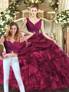 Charming Burgundy V-neck Neckline Pick Ups Sweet 16 Quinceanera Dress Sleeveless Backless