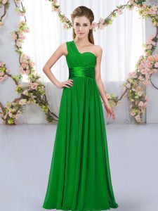 Elegant One Shoulder Sleeveless Dama Dress for Quinceanera Floor Length Belt Dark Green Chiffon